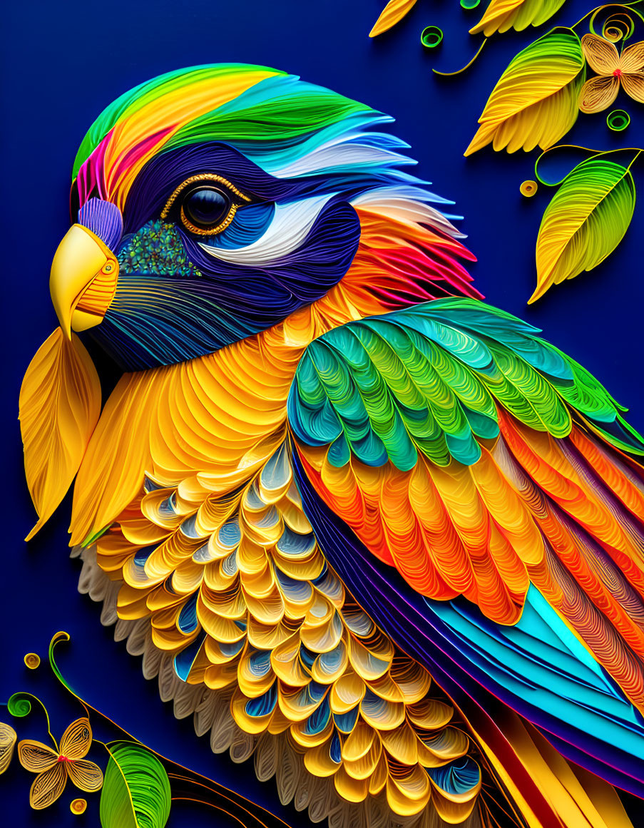 Colorful Bird Illustration with Detailed Feathers on Blue Background