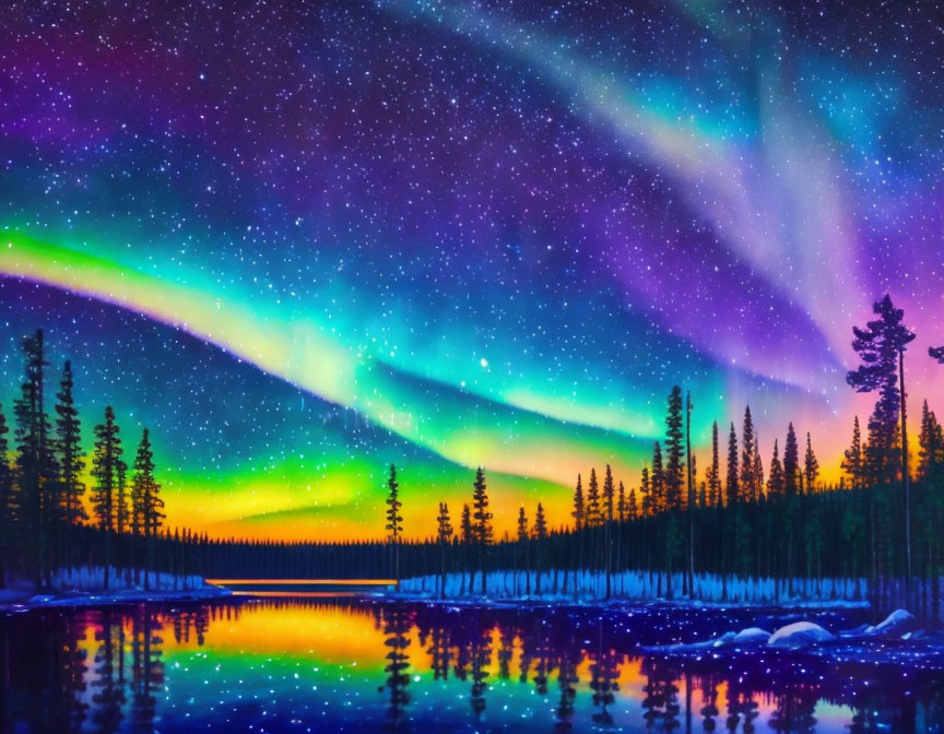 Majestic Aurora Borealis above Forest and Lake at Night