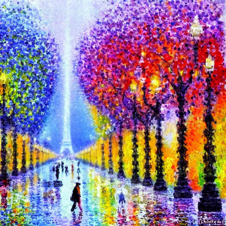 Autumnal tree-lined avenue painting with reflection, strolling people, and fountain