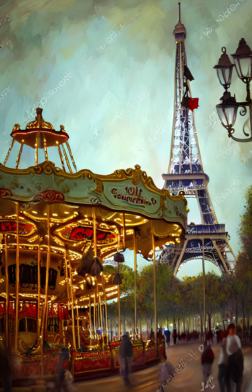 Colorful carousel painting with Eiffel Tower backdrop and impressionistic sky