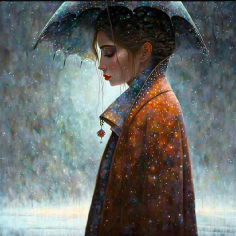 Woman in star-patterned coat with umbrella in contemplative rain scene