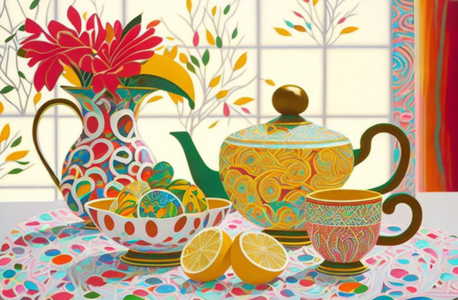 Vibrant still life with patterned tablecloth, pitcher, teapot, lemon halves, cup