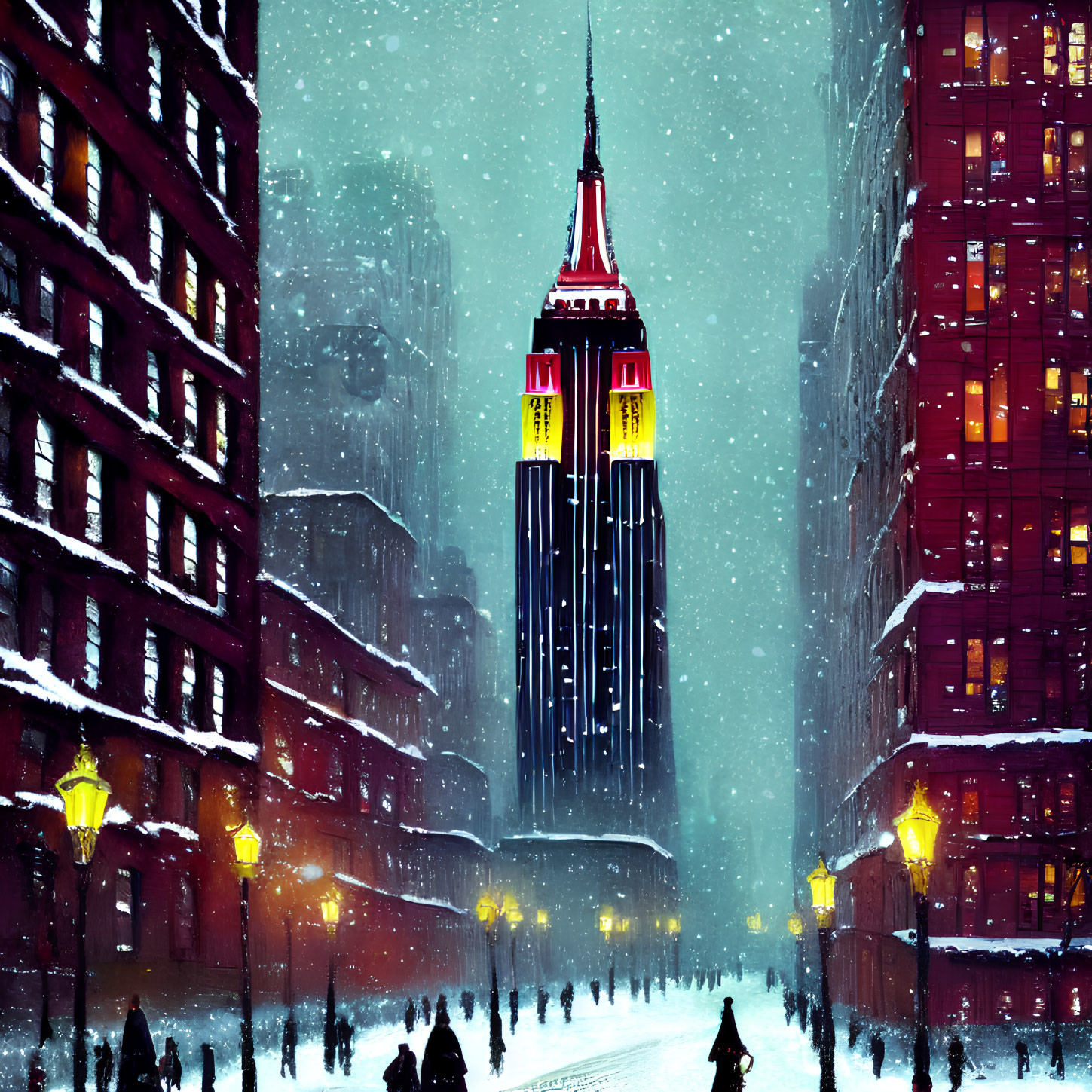 Snowy City Night Scene with Pedestrians and Illuminated Building