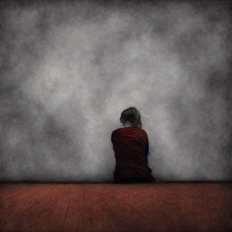 Person in red shirt sitting against textured grey wall.