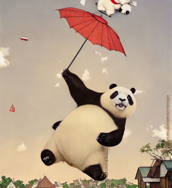 Illustration of panda with red umbrella floating in air with dog and items