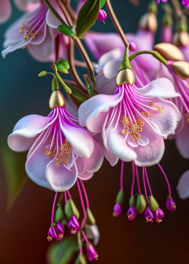 Detailed Close-Up of Purple Fuchsia Flowers with Pink Petals and Prominent Stamens