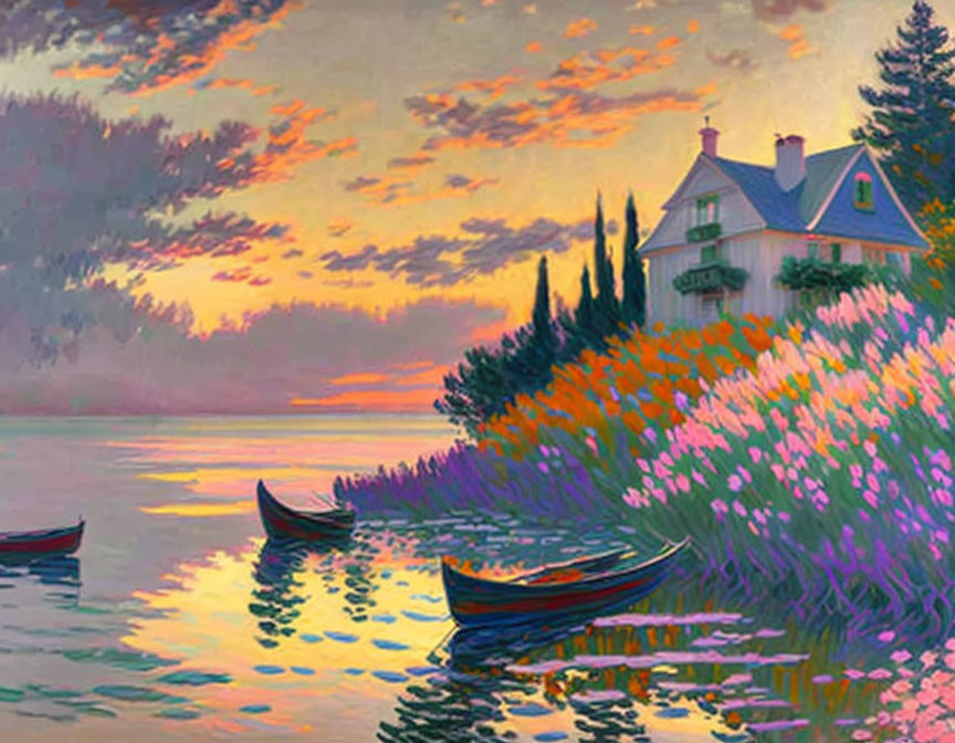 Serene lakeside painting with boats, house, flowers, trees, and colorful dusk sky