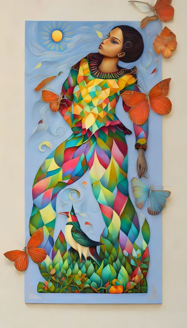 Colorful painting of woman in patterned dress with butterflies, whimsical nature elements