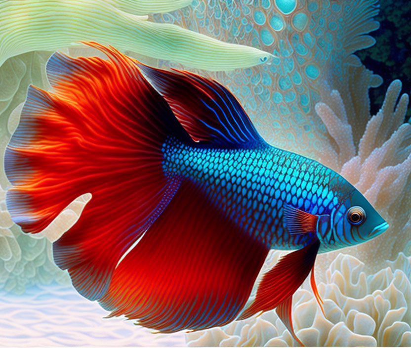 Colorful Betta Fish Swimming Near Coral in Underwater Scene