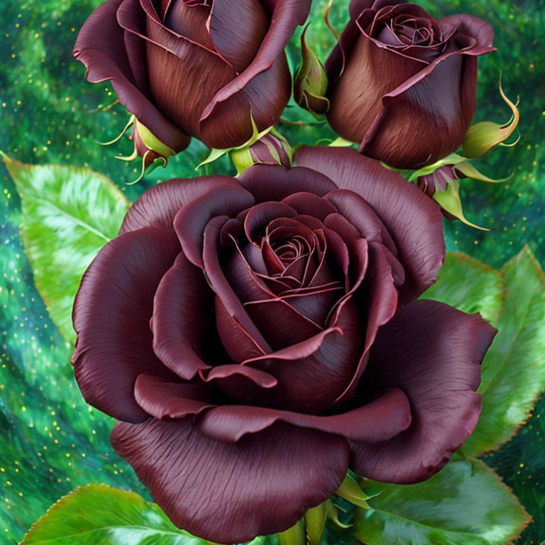 Dark Red Roses with Velvety Petals and Green Leaves Displayed