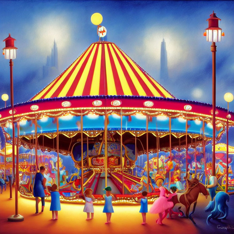 Vibrant Night Carousel with Glowing Lights and Cityscape