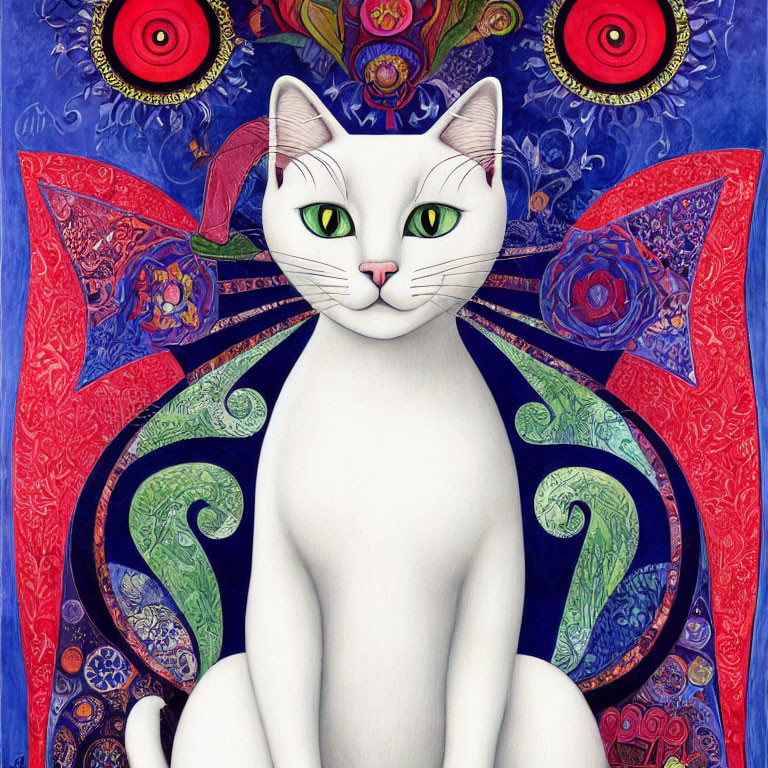 White Cat with Green Eyes and Butterfly Wings in Colorful Fantasy Scene