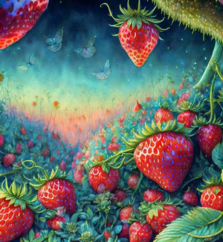 Vibrant painting of oversized strawberries and butterflies in mystical twilight scene