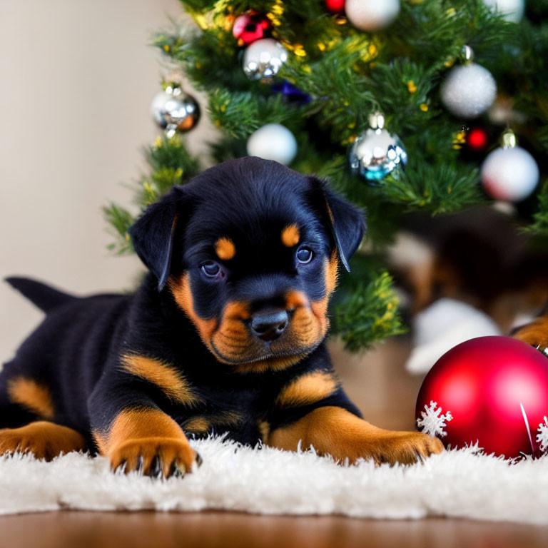 Rottweiler puppy on white rug with Christmas tree in background