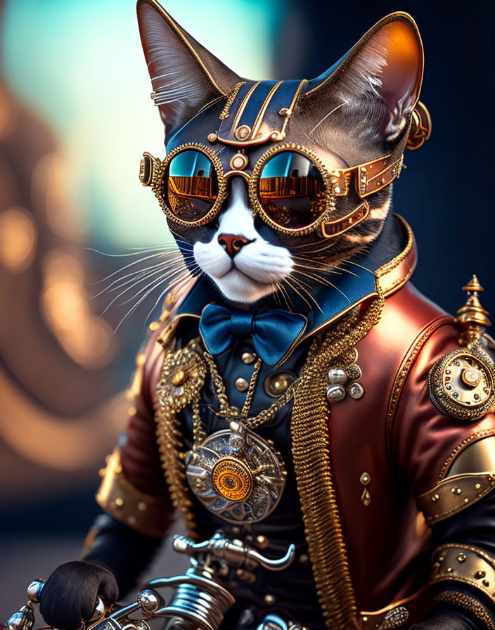 Anthropomorphic cat in steampunk attire with goggles and bow tie