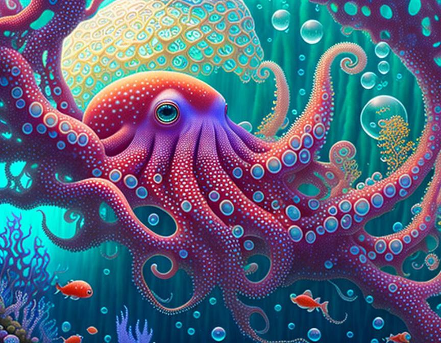 Colorful Octopus Underwater Scene with Bubbles and Marine Plants