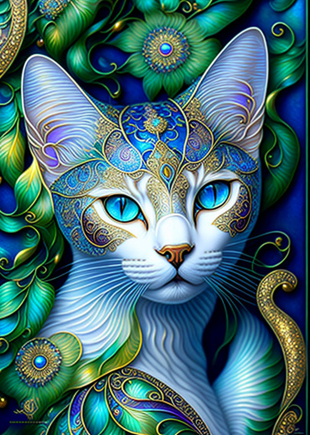 Intricately patterned cat with vibrant colors and floral backdrop