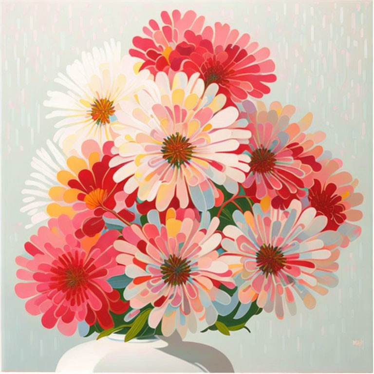 Colorful Flower Bouquet Painting with Red and Pink Hues on Grey Background