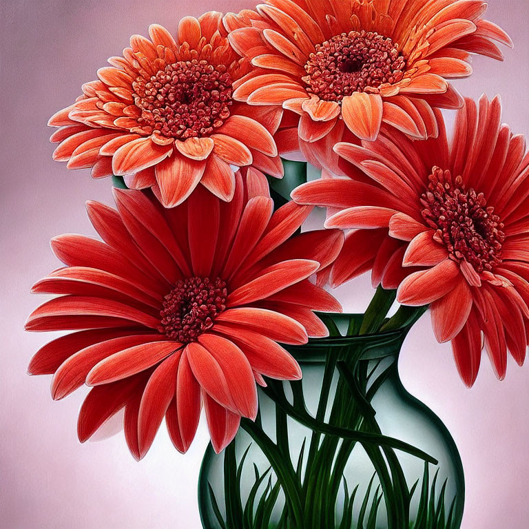 Bright red-orange gerbera daisies in glass vase on pink background