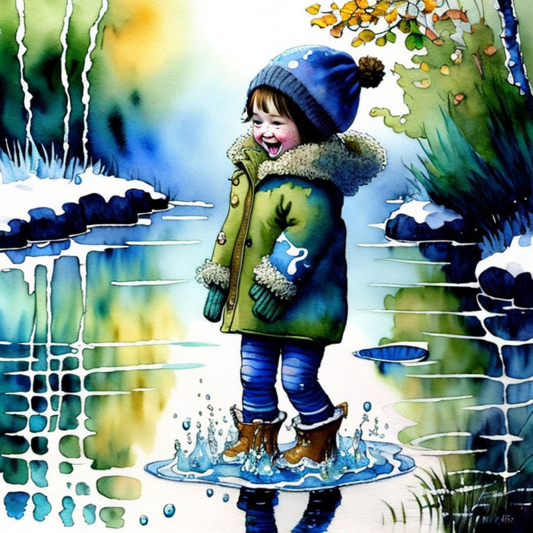 Child in blue hat and green coat splashes in vibrant watercolor scenery