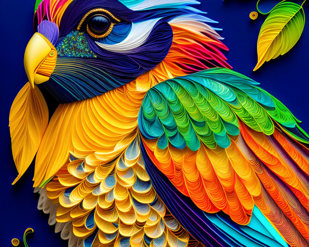 Colorful Bird Illustration with Detailed Feathers on Blue Background