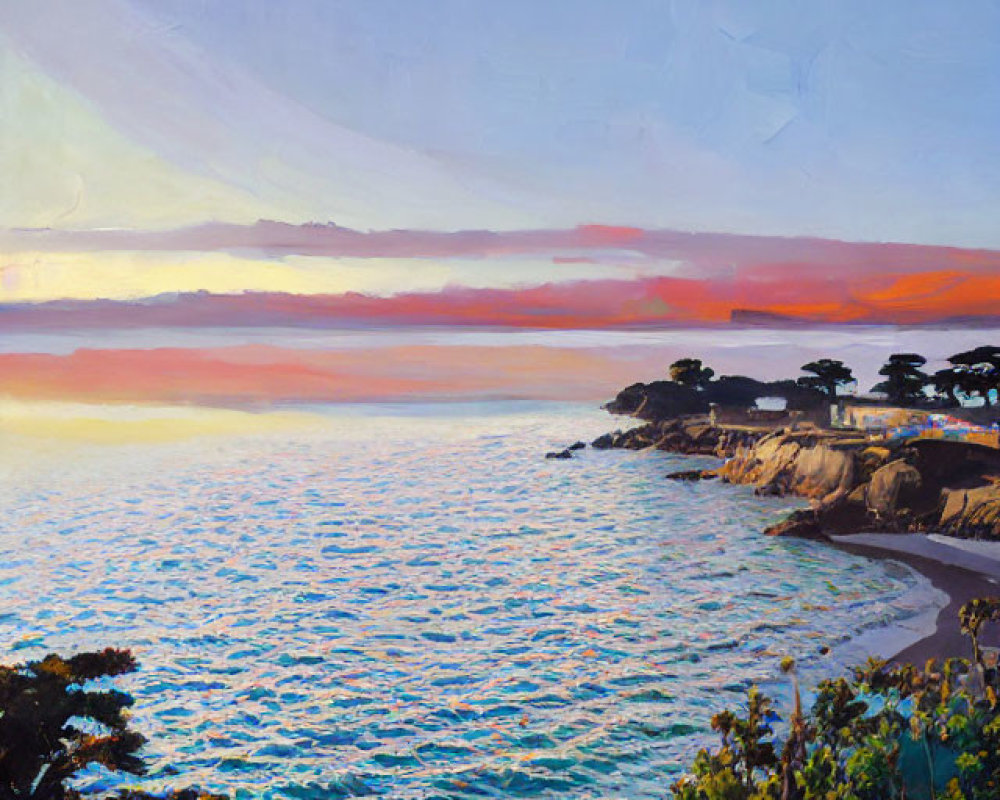 Colorful Coastal Sunset Painting with Silhouetted Trees and Rocky Cliffs