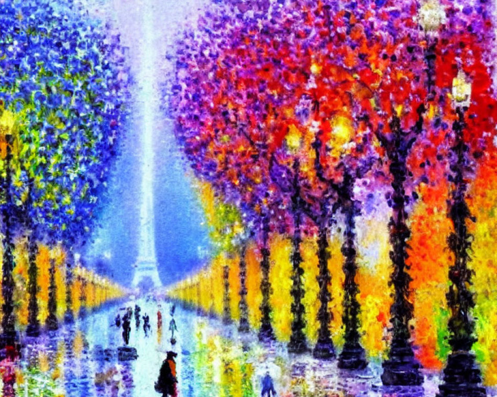 Autumnal tree-lined avenue painting with reflection, strolling people, and fountain