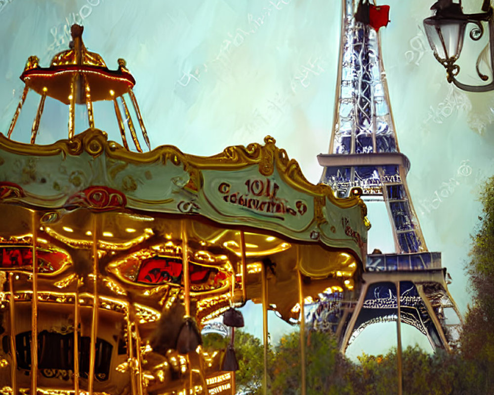 Colorful carousel painting with Eiffel Tower backdrop and impressionistic sky