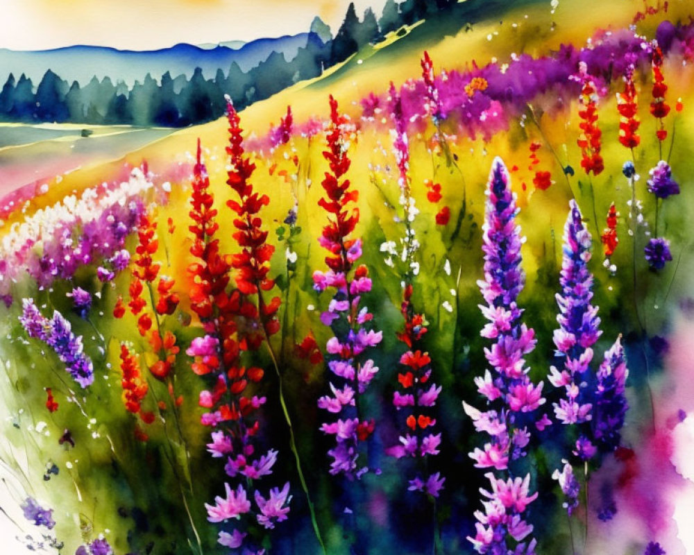 Colorful Watercolor Painting of Wildflower Meadow at Sunset