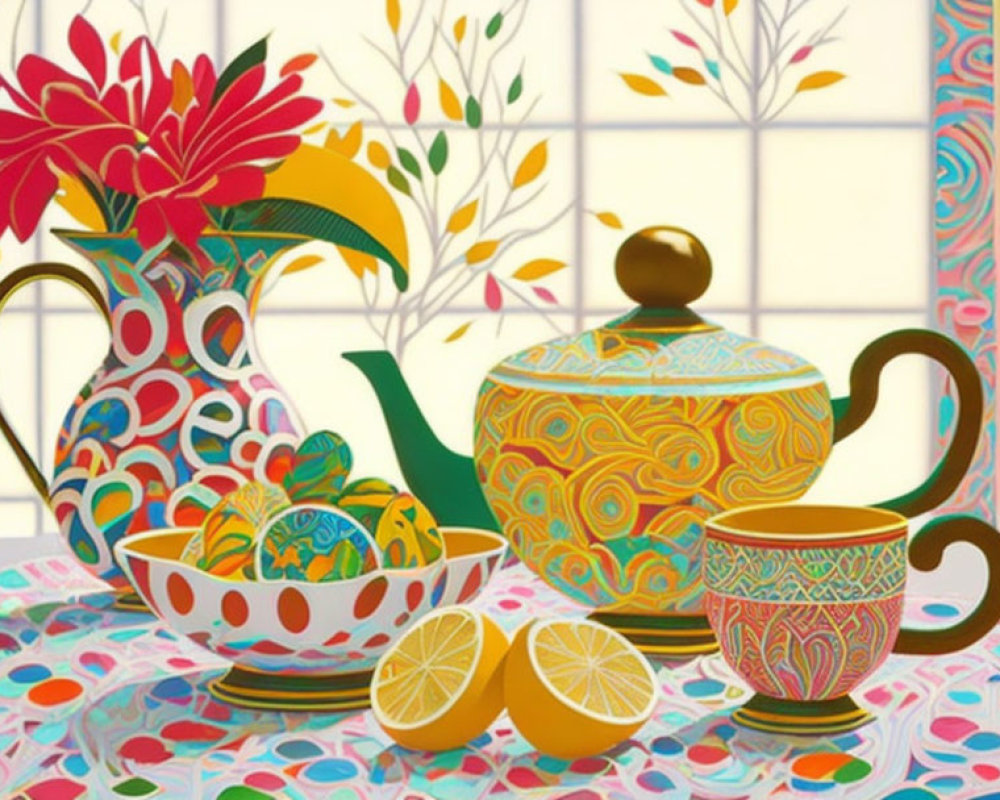 Vibrant still life with patterned tablecloth, pitcher, teapot, lemon halves, cup