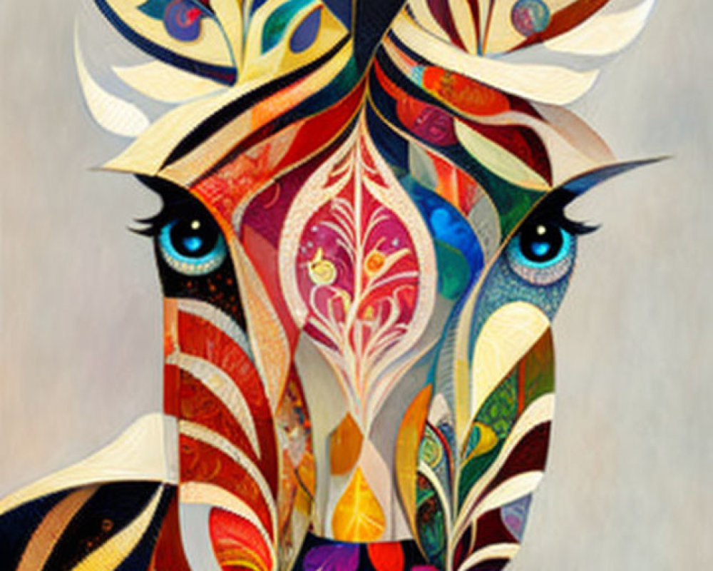 Colorful Abstract Portrait of Stylized Female Face with Blue Eyes and Ornate Leaf Patterns