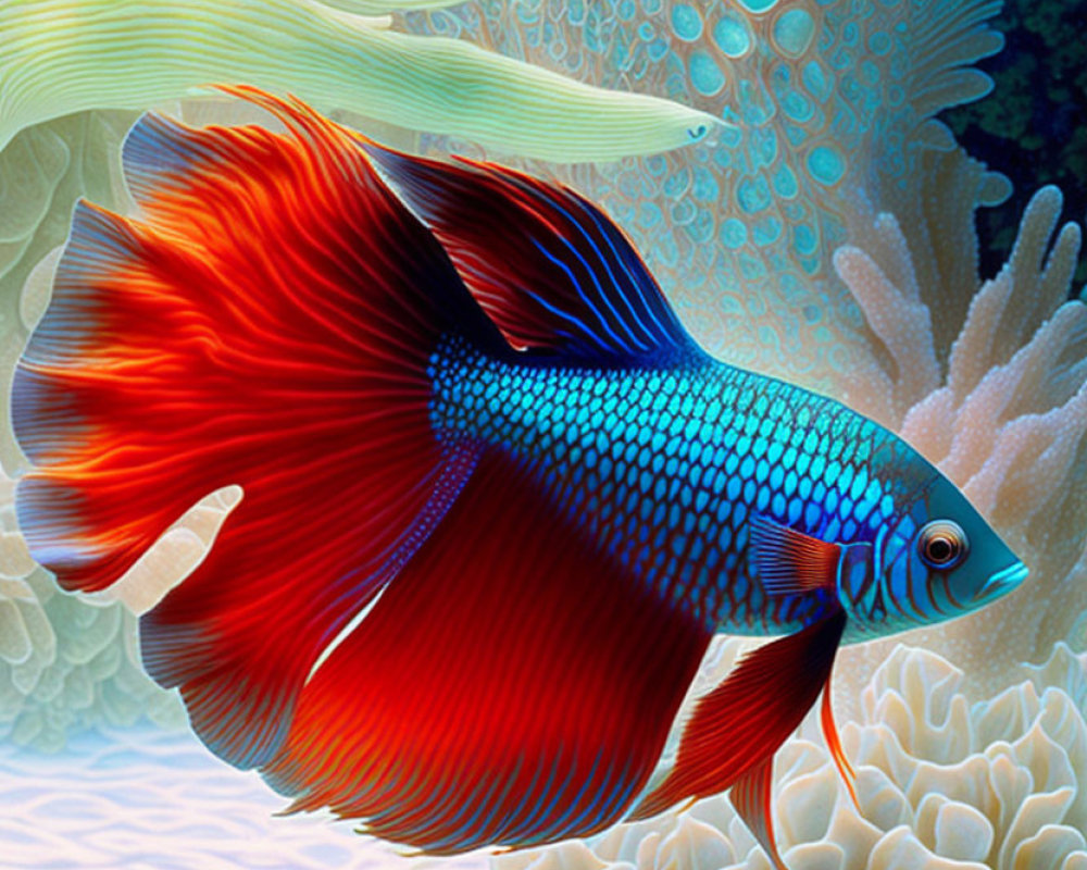 Colorful Betta Fish Swimming Near Coral in Underwater Scene