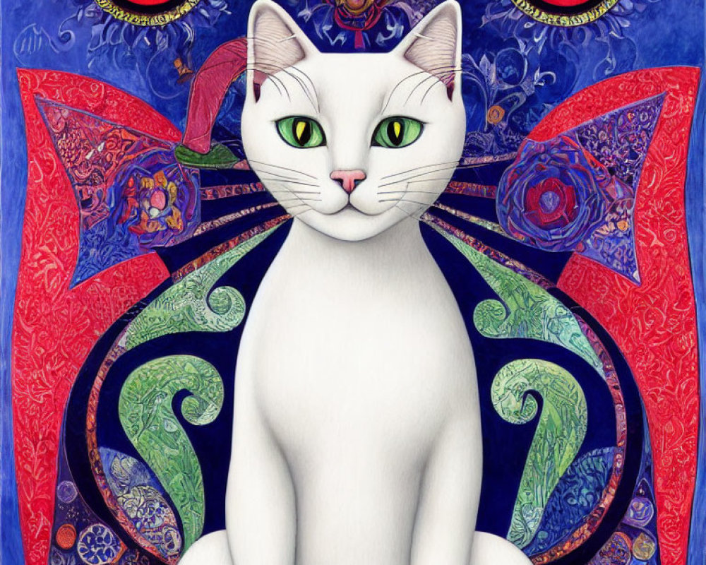 White Cat with Green Eyes and Butterfly Wings in Colorful Fantasy Scene