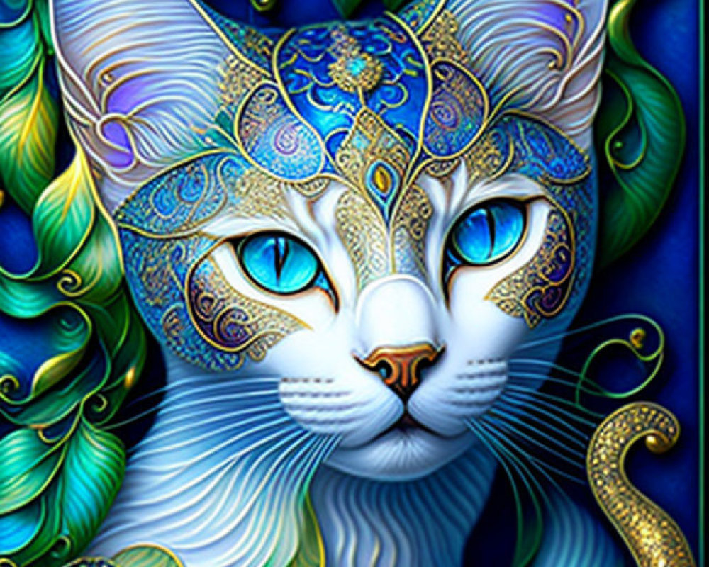 Intricately patterned cat with vibrant colors and floral backdrop