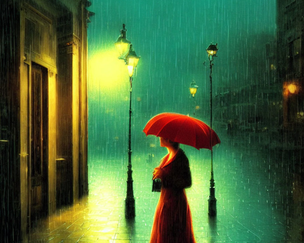 Person with red umbrella on rainy, illuminated street with vintage lampposts