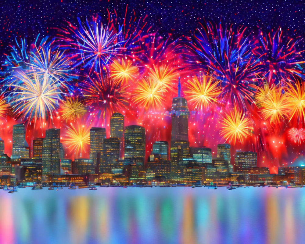 Colorful fireworks illuminate city skyline at night