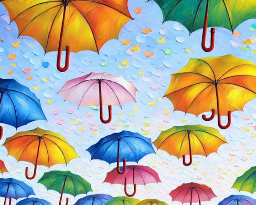 Vibrant open umbrellas with raindrops on bright background