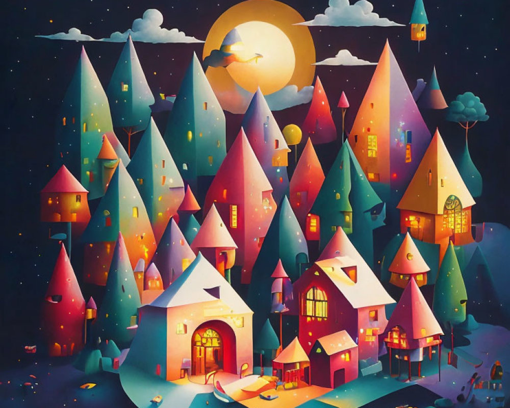 Whimsical village illustration with pointed rooftops under night sky