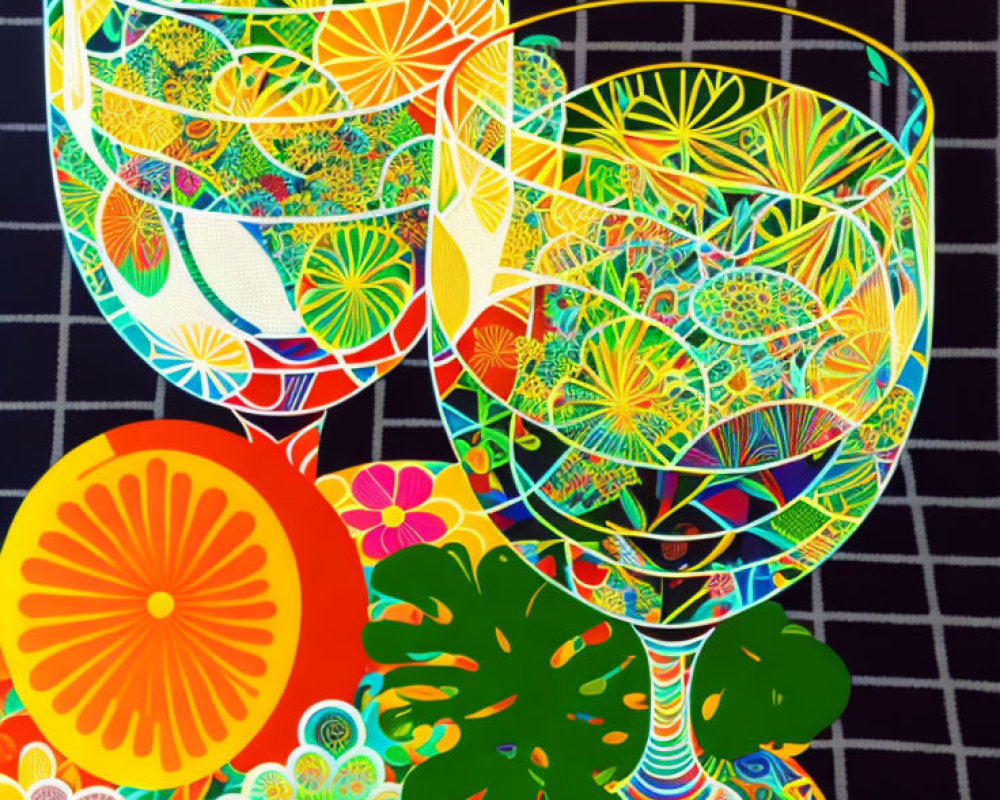 Vibrant patterned wine glasses with citrus slices on dark background