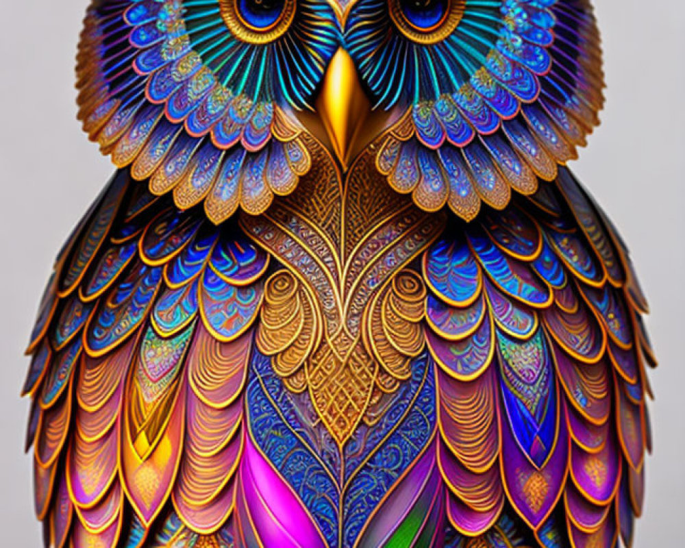 Colorful ornate owl digital artwork with intricate patterns and ethereal glow