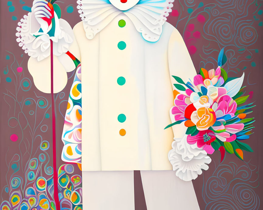 Vibrant painting of a clown-like figure with a large flower, set against a whimsical background