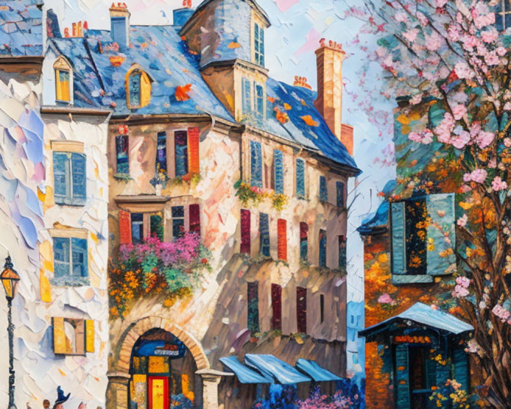 Vibrant painting of cobblestone street with old buildings and people