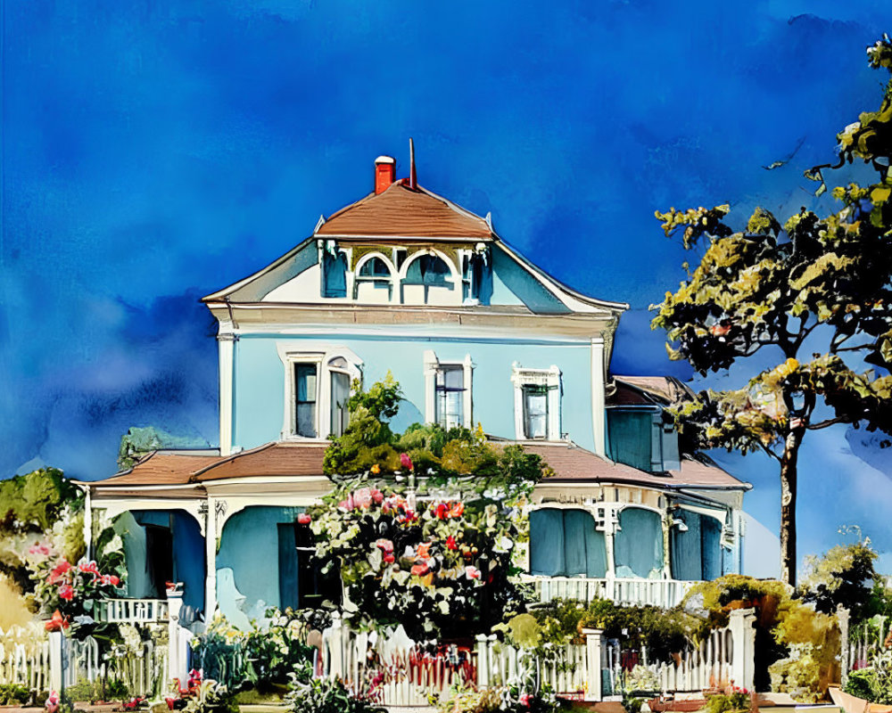 Colorful Watercolor Painting of Two-Story Blue House with Red Roof