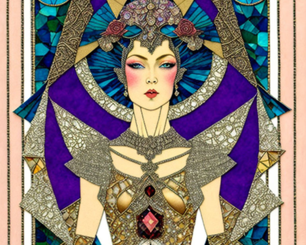 Detailed Art Nouveau style illustration of a woman with jeweled headpiece and ornate attire.