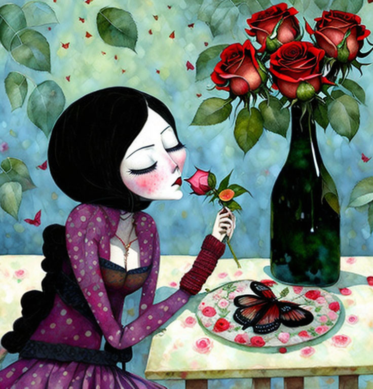 Illustration of woman with black hair smelling rose and butterfly on table