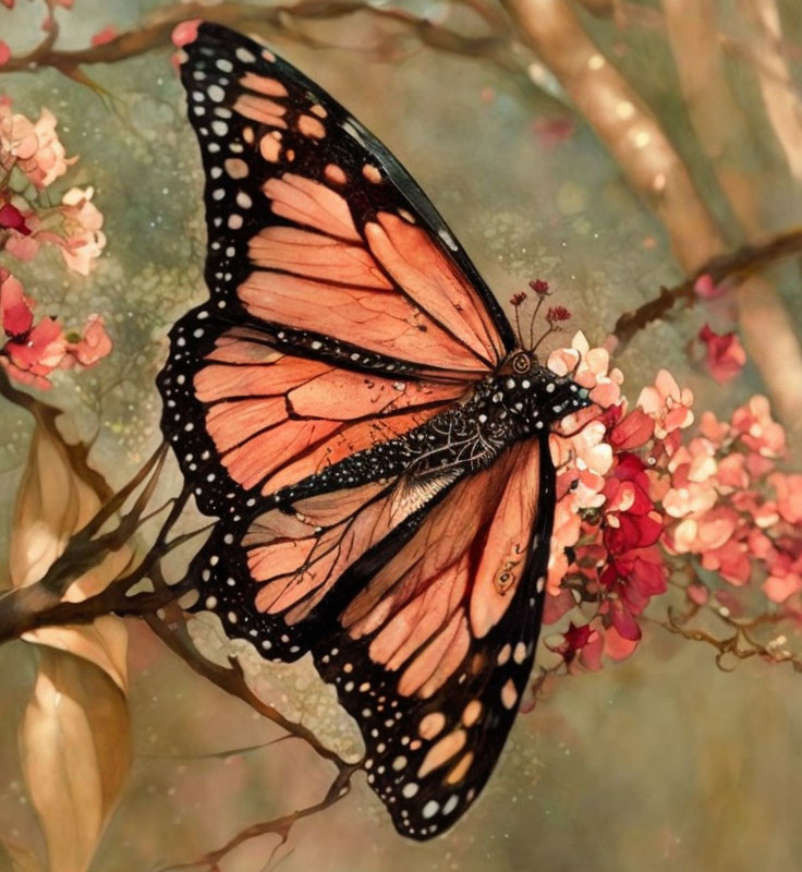 Monarch butterfly resting on pink blossoming branch