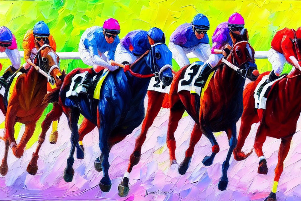 Colorful Horse Racing Painting with Dynamic Jockeys in Motion