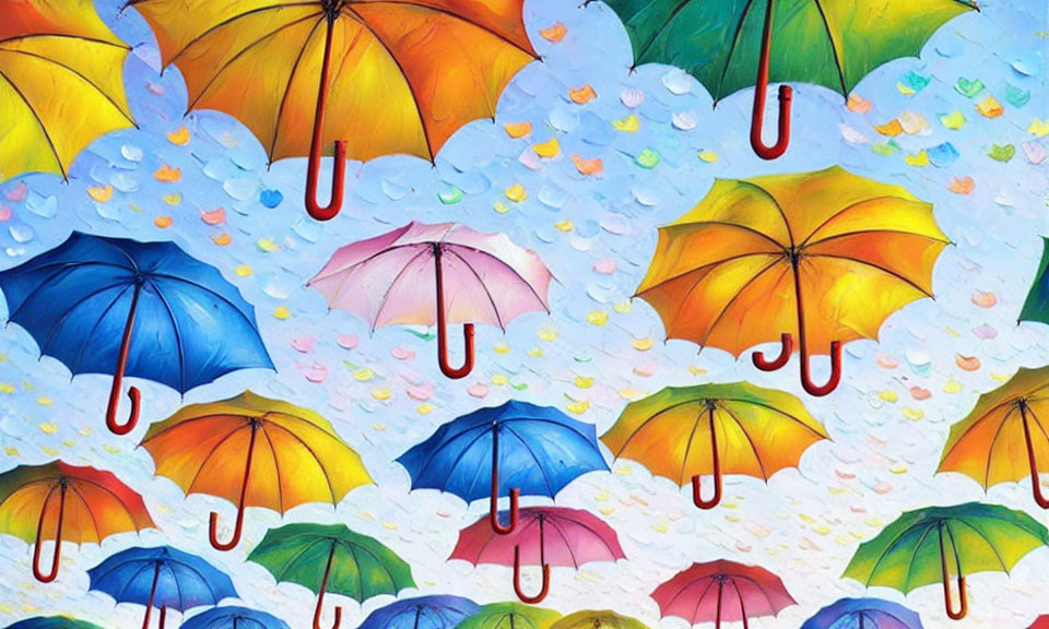 Vibrant open umbrellas with raindrops on bright background