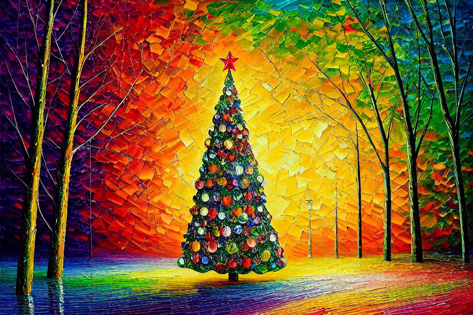 Colorful Impressionist Painting of Christmas Tree with Red Star