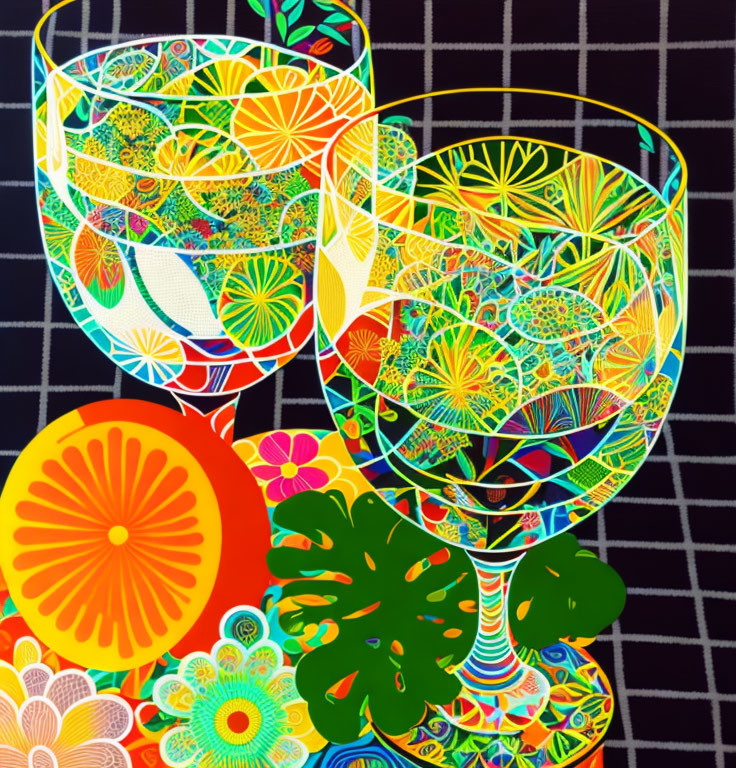 Vibrant patterned wine glasses with citrus slices on dark background